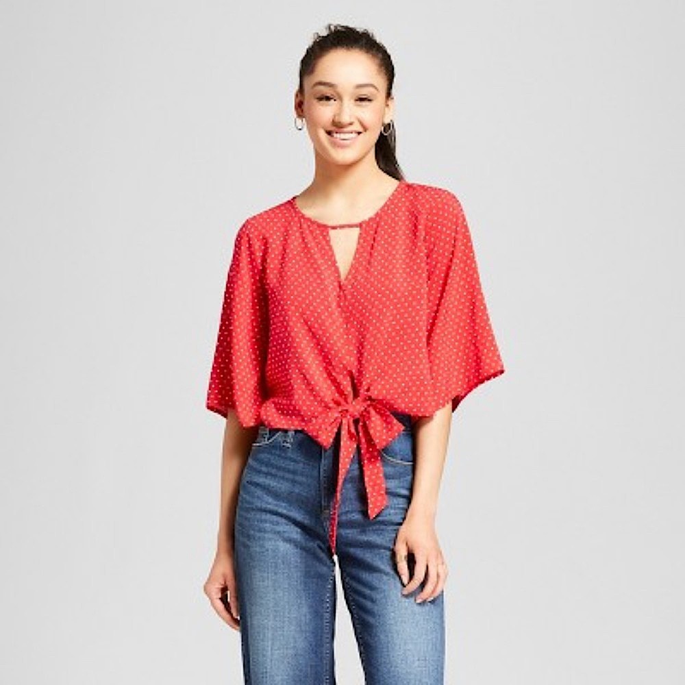 Mossimo Polka Dot Tie Front Red Shirt